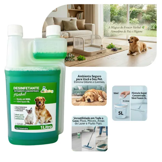 Desinfetante Herbal Pet Concentrado Eliminador Odor Bactericida Quaternario Amonia +15 1L