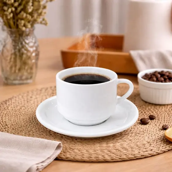 Jogo De Xícaras Com Pires Empilháveis 6 Peças 200ml Porcelana Branca Chá Café Cafeteria Restaurante