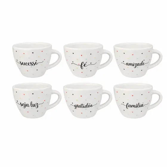 Kit 6 Xicara de Café Porcelana Frases Coração Frases Inspiradoras