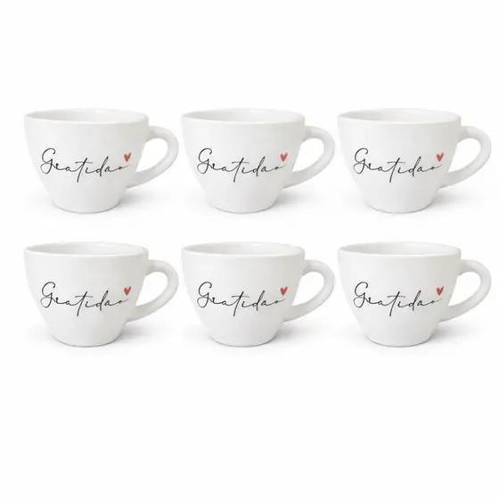 Kit 6 Xícaras Porcelana Branca 75Ml Café Chá Decoração Gratidão Cozinha Escritório Recepção