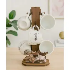 Conjunto Suporte + 6 Xícaras Porcelana Decoradas Para Cozinha Escritório Pousada Cantinho Do Café