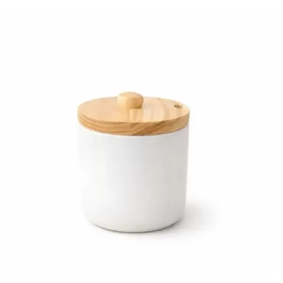 Açucareiro Porcelana Com Tampa Madeira Ideal Para Cozinha Hotel Pousada Porta Açúcar Temperos Sal