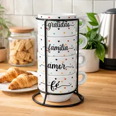 kit 4 Xícaras 65ml Empilháveis Porcelana Decorada Gratidão Família Amor Fé Com Suporte De Metal