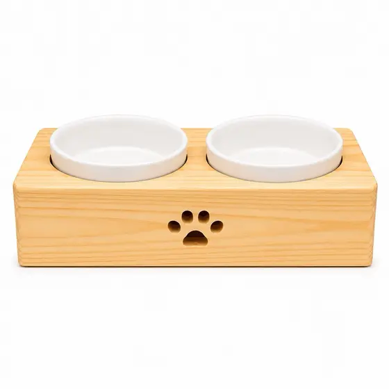 Comedouro Bebedouro Duplo Para Pets Gato Cachorro Fabricado Em Madeira Pinus Vasilha Cerâmica