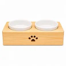 Comedouro Bebedouro Duplo Para Pets Gato Cachorro Fabricado Em Madeira Pinus Vasilha Cerâmica