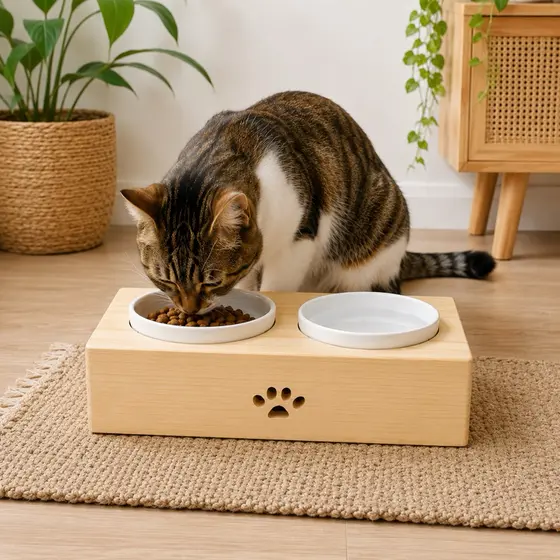 Comedouro Duplo Para Pets Bebedouro Gato Cachorro Fabricado Em Madeira Pinus Recipiente Cerâmica