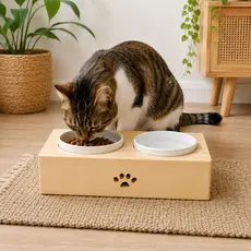 Comedouro Duplo Para Pets Bebedouro Gato Cachorro Fabricado Em Madeira Pinus Recipiente Cerâmica