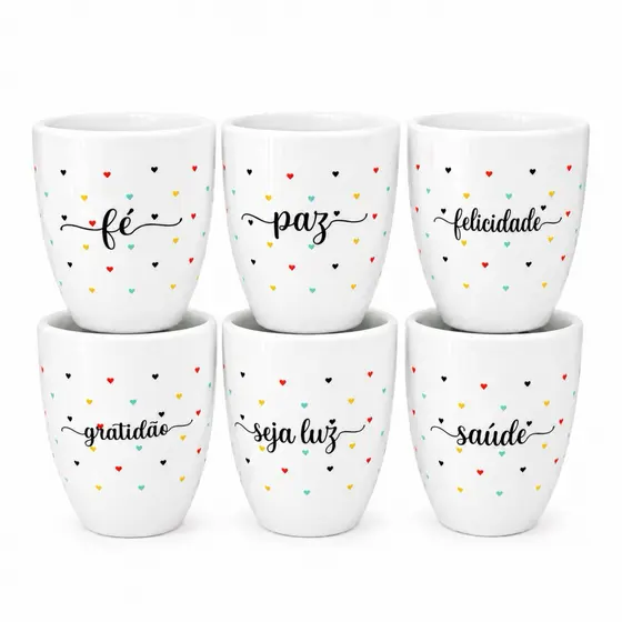 Conjunto 6 Copinhos Porcelana Decorada Palavras Porta-Velas Decorativo Vasinho Porta-Treco Multiuso