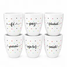 Conjunto 6 Copinhos Porcelana Decorada Palavras Porta-Velas Decorativo Vasinho Porta-Treco Multiuso