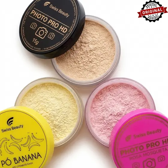 Combo Pó Facial Solto Banana, Translúcido HD e Rosa Mosqueta SWISS BEAUTY Pó finalizador