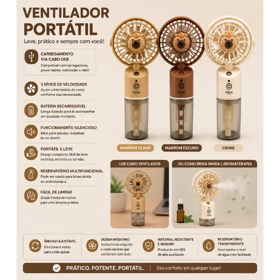 Ventilador Portatil Recarregavel Reservatorio Agua 3 Cores