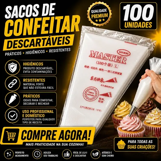 Saco de Confeitar Médio Descartável 100 Unidades para Confeitaria e Decoração