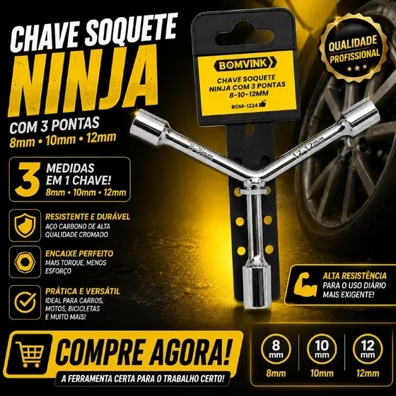 Chave Soquete 3 Pontas Modelo Ninja 8 10 12mm ou 12 14 17mm para Manutenção