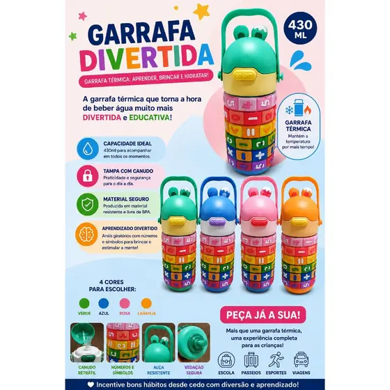 Garrafa Térmica Infantil 430ml com Canudo e Números Educativos | Alça | 4 Cores