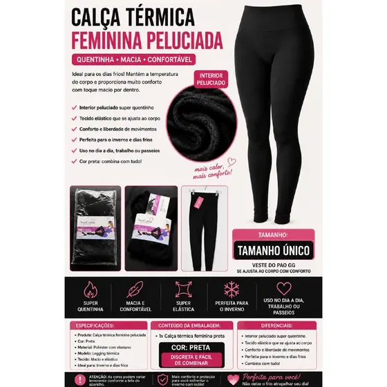 Calça Térmica Feminina Peluciada Inverno Legging Quentinha Preta Tamanho Único