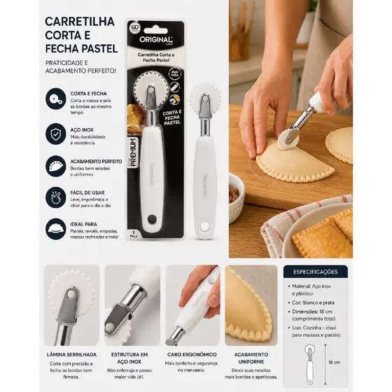 Carretilha Corta e Fecha Pastel Original Line — praticidade e acabamento perfeito na sua cozinha! 🥟