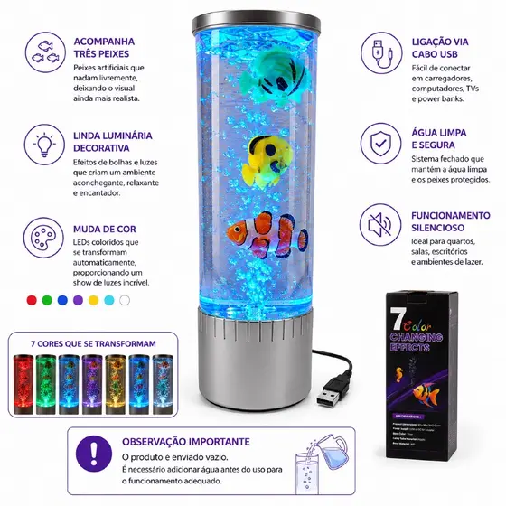 Luminaria LED RGB Estilo Aquario Decoracao Ambiente