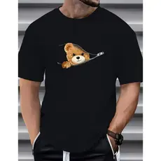 Camiseta Masculina Gola Redonda Estampado Ursinho Camisa Algodão Slim Casual