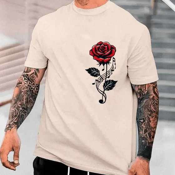 Camiseta Masculina Streetwear Estampa Rosa Cifras de Música 100% Algodão Premium