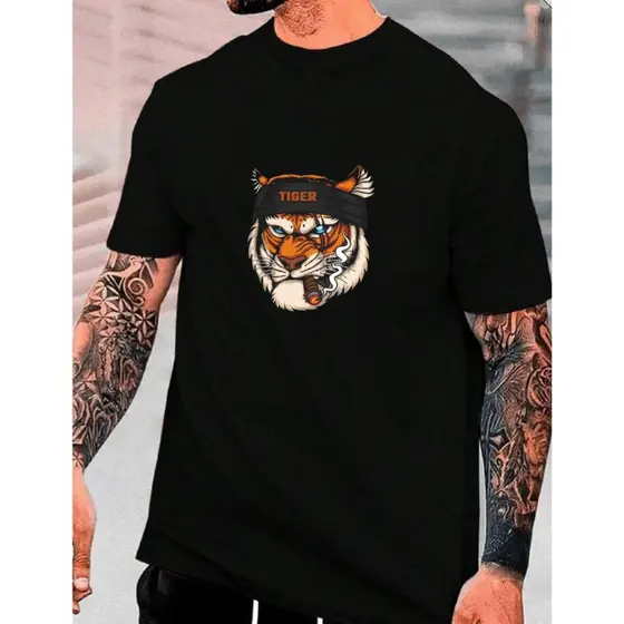 Blusa Masculina Tigre Camiseta Algodão Básica Estampada Casual
