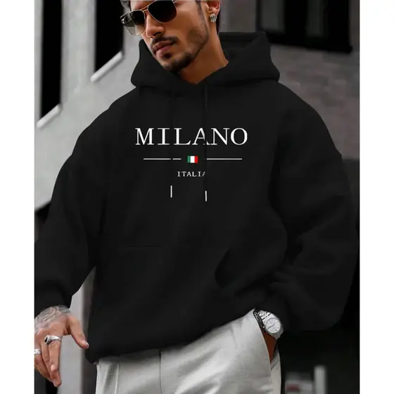 Moletom Casaco Capuz Flanelado Masculino Preto Estampa Milano Italy