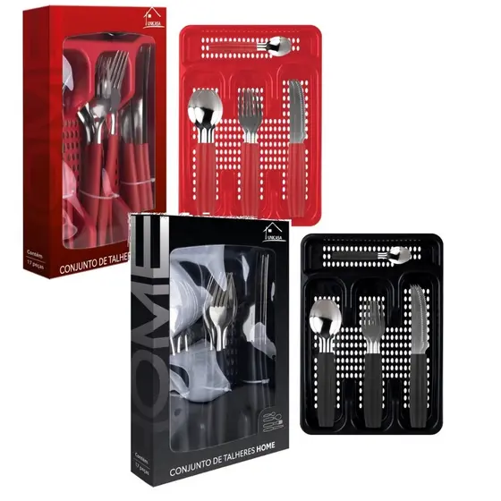 Jogo de Talheres Preto Faqueiro Aço Inox 17 Peças Porta Talheres Organizador Mesa
