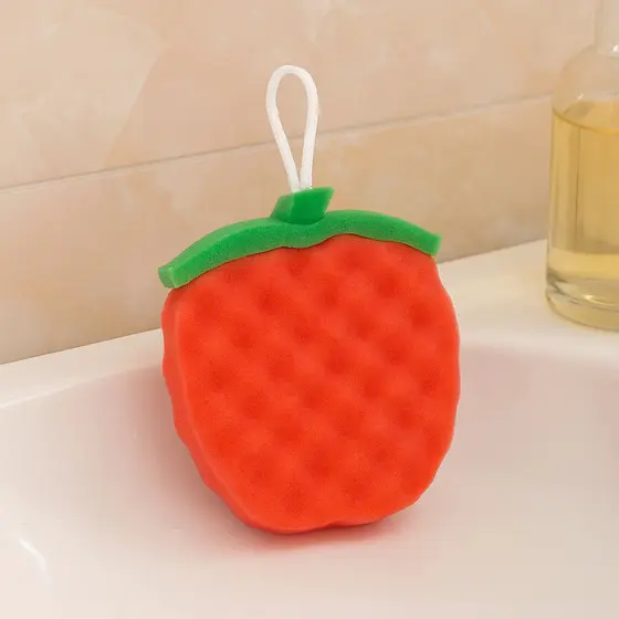 Esponja Corporal Divertida Macia Formato de Morango Banho Divertido e Esfoliante Vermelho