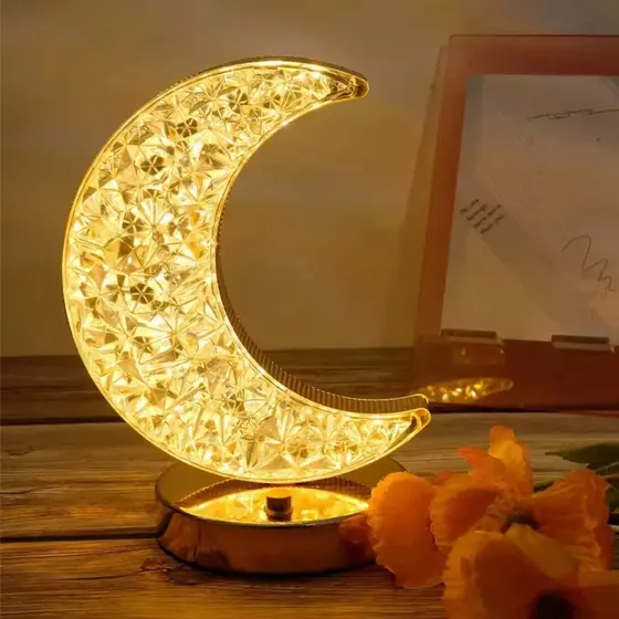 Luminária Abajur de Mesa Cristal Luz Lua Quarto Decorativa Conforto LED de 3 Níveis Tons