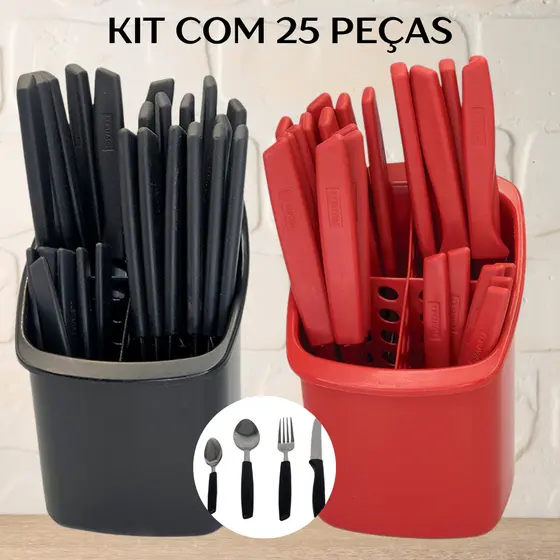 Conjunto Talheres Inox 25 Pçs Garfo Faca Colher Faqueiro Suporte Capri Fratelli Fosco Preto Vermelho
