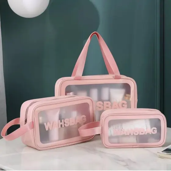 KIT 3 Necessaire Bolsa Portátil Transparente Impermeável Viagem Cosméticos Produtos Higiene Pessoal Cor Sortida