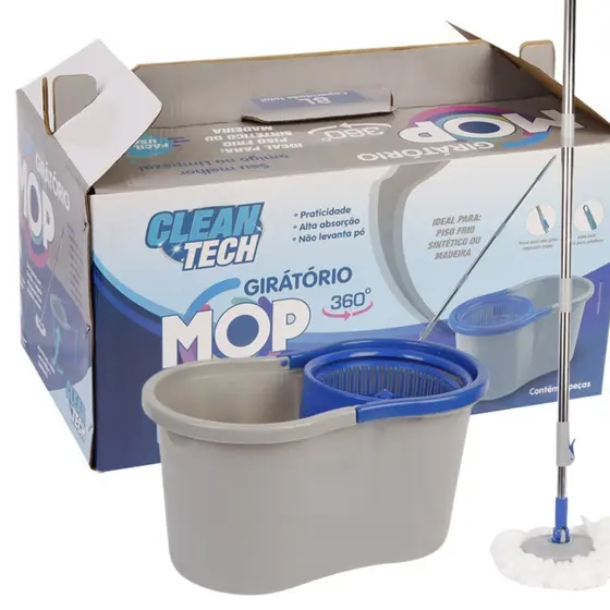 Mop Giratório 360° Clean Tech Esfregão Rodo Centrifuga Limpeza Lava e Seca Cabo Extensível Promoção