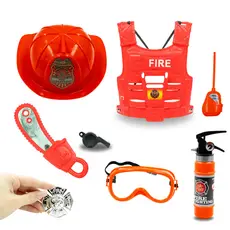 Kit Bombeiro Infantil Fantasia 9 Peças Extintor Capacete Colete Apito Acessórios Aniversário Festa