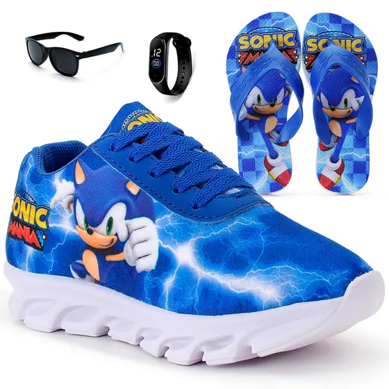 Kit Tênis Infantil Menino Sonic Casual + Chinelo Infantil + Relógio + Óculos Infantil