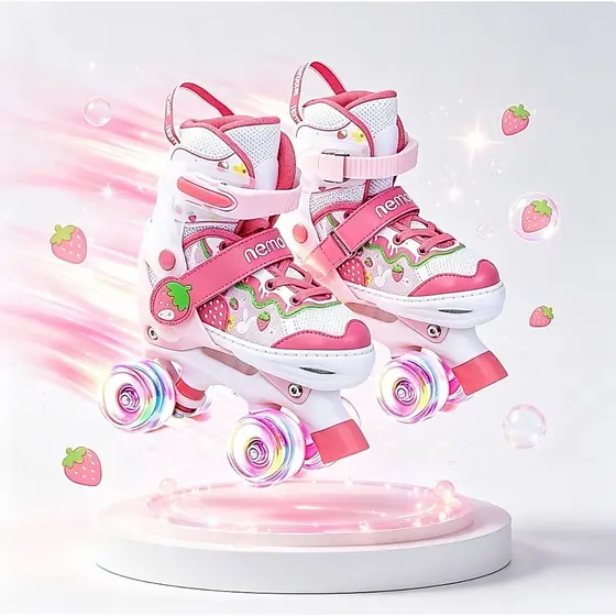 Patins Infantil 4 Rodas Menina Rosa Morango Promoção Com Led + Proteção Ajustável