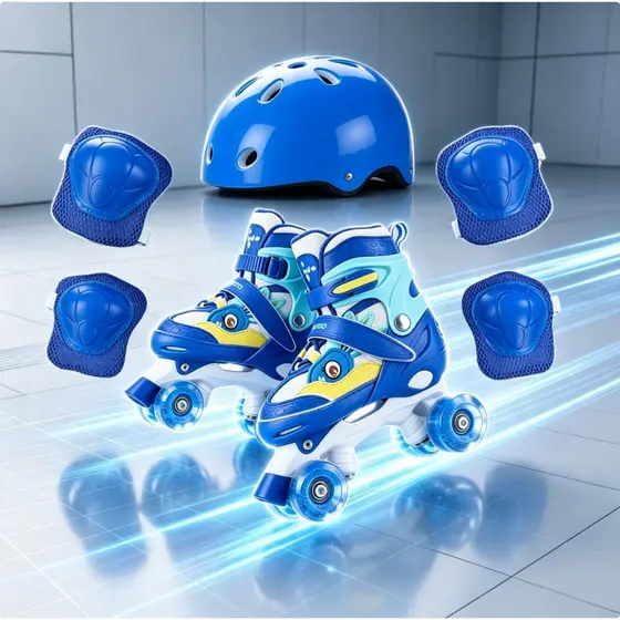 Patins Quad Criança Meninos Ajustável Azul Dinossaur Patins De 4 Rodas Infantil Com Led Promoção