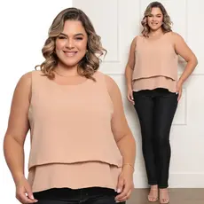 Blusa Regata Duna Plus Size Com Detalhe Na Frente Babado em Camada Elegante Social Para Trabalhar