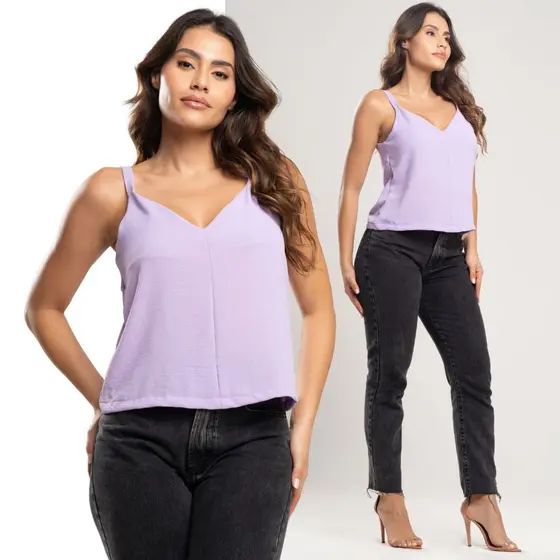 Regata Social Blusa Feminina Básica Tecido Duna Social Com Decote Em V Alcinha Fina Tendência Verão