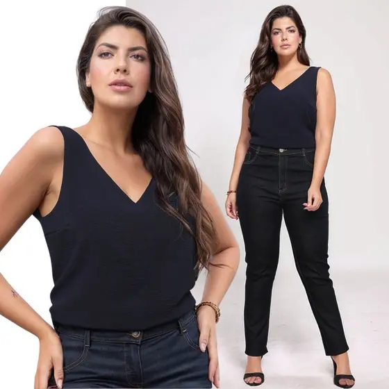 Blusa Social Regata Plus Size Duna Decote V Para Trabalhar Arrumada Elegante Dia Dia