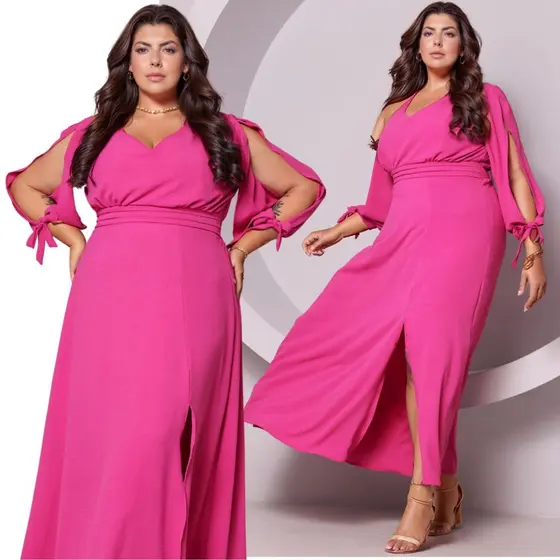Vestido Longo Over Size Manga Longa Com Fenda Em Duna Acinturado e Fenda Na Perna Veste do 52 a 54