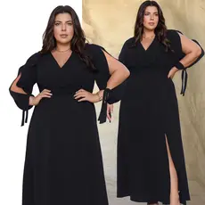 Vestido Longo Plus Size Festa Manga Longa Com Fendas Na Manga e Saia Elástico Na Cintura