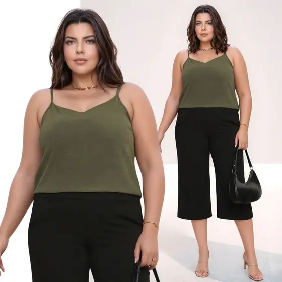 Blusa Social Plus Size De Alça Fina Regulável Regata Tecido Duna Fresco Elegante Tendência Verão