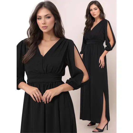Vestido Longo Feminino Sem Babado Com Fendas Na Manga e Saia Decote V Manga 3/4 Elegante Festa