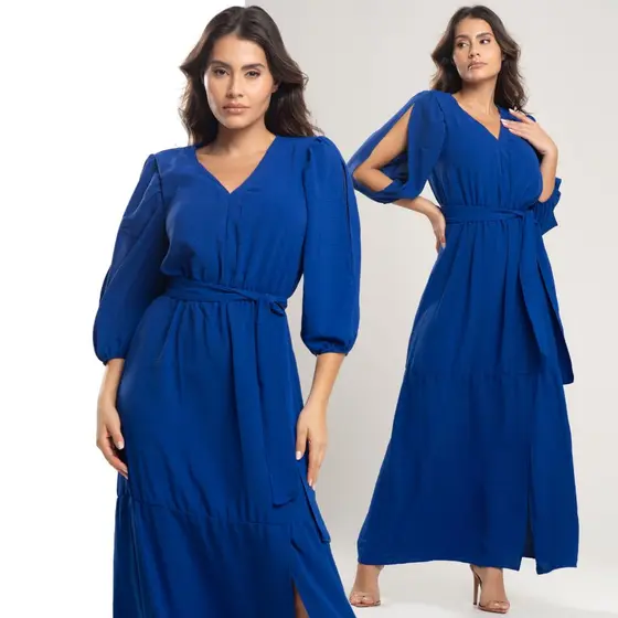 Vestido Longo Duna Com Fenda na Manga E Perna + Faixa Na Cintura Ideal para Eventos e Cerimônias