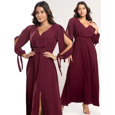 Vestido Longo Elegante Fenda na Manga e Saia Possui Amarração Punho Faixa Na Cintura Linha Premium