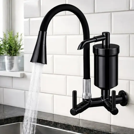Torneira de Cozinha Gourmet Tubo Flexível 2 Jatos com Filtro 1/4 de Volta Preta