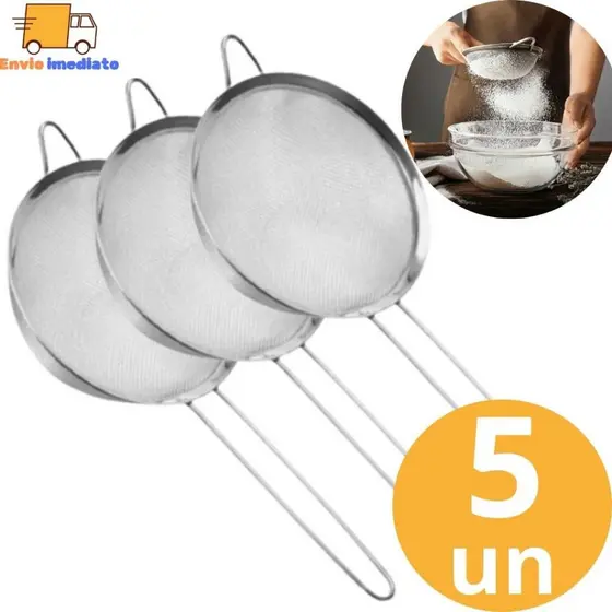 5 Peneira Coador de 16cm em Aço Inox Multifuncional  Para Farinhas Alimentos Frutas uso Cozinha