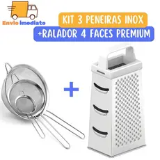 KIT 1 Ralador Inox Cabo Plástico  + 3 Peneiras 12cm 14cm 20cm para Legumes Arroz Cozinha Restaurantes Buffet
