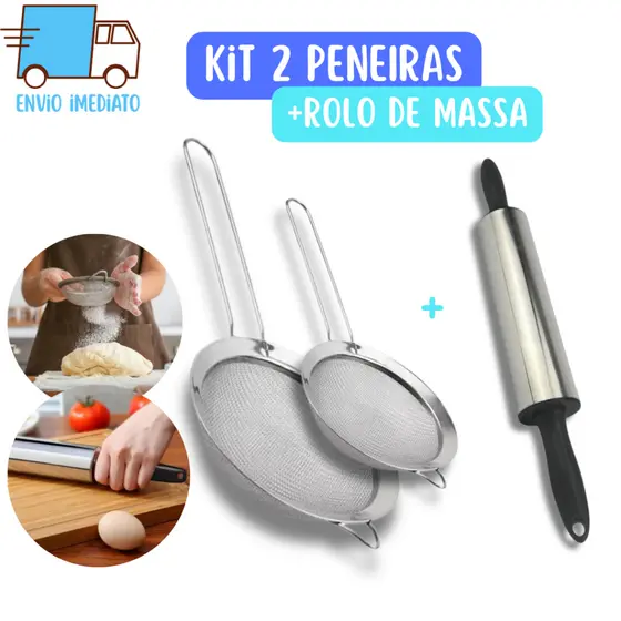 Jogo de 2 Peneiras com Rolo de Massa Vermelho ou Preto em Aço Inox para Cozinha Casa