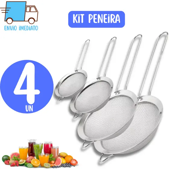 Kit Peneira Coador Funil em Aço Inox Para Farinhas Alimentos Frutas Cozinha 8cm 10cm 14cm 18cm