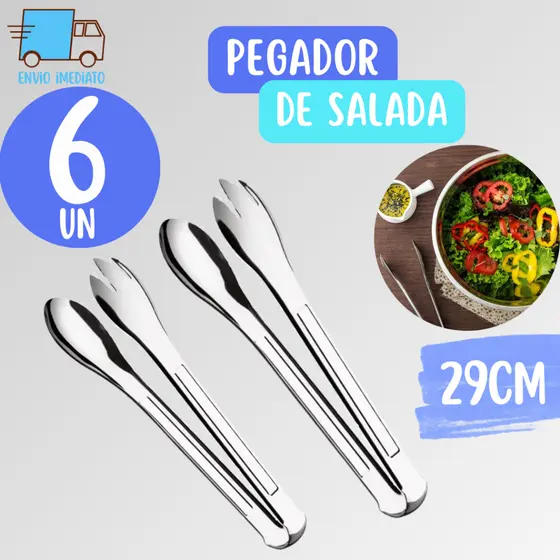 Kit 6 Pegador de Inox Multiuso de 29cm em Aco Inox para Salada Carne Frutas Cozinha Restaurante